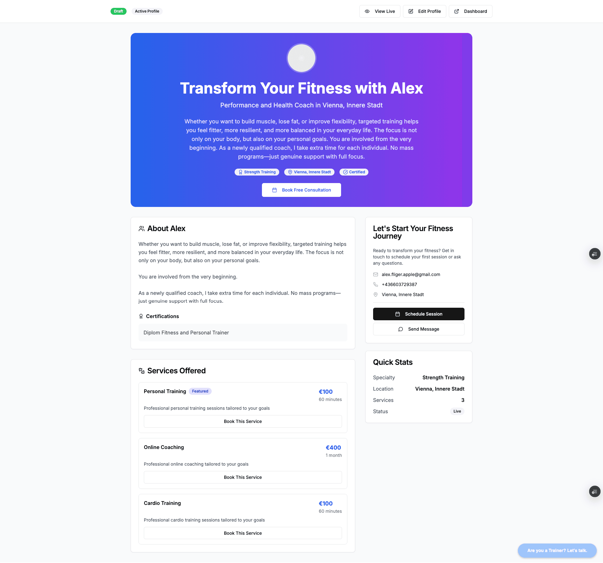 Personal trainer website builder