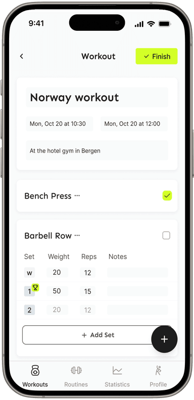 Workout logging screen