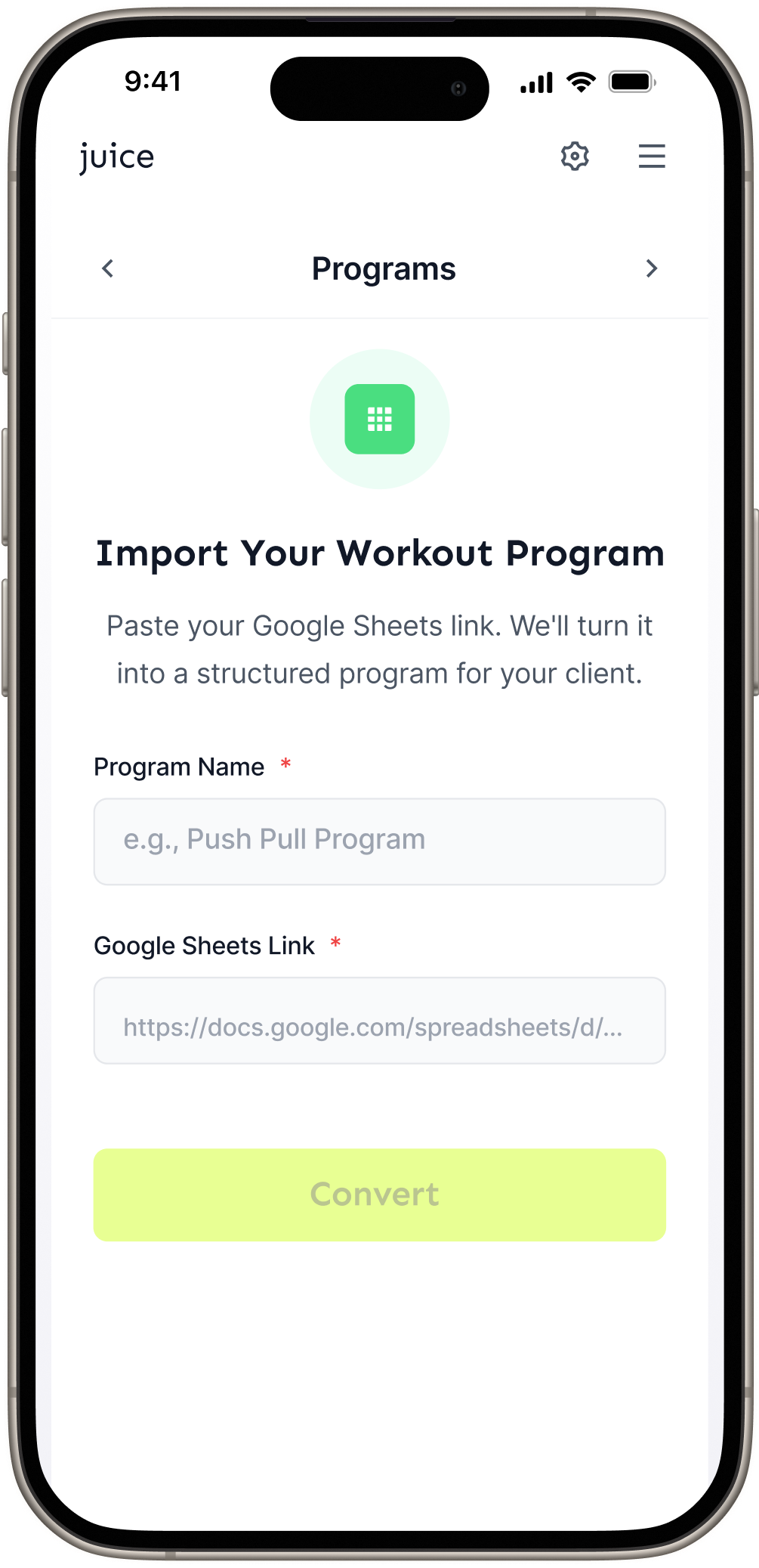 Import workout program screen