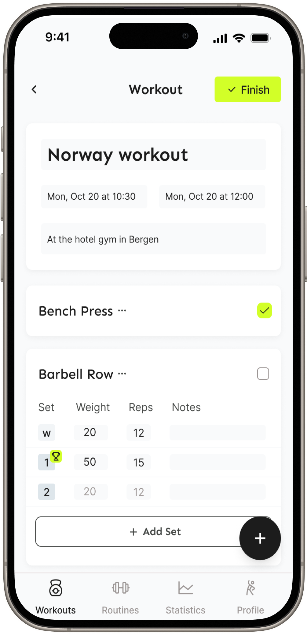 Workout logging screen